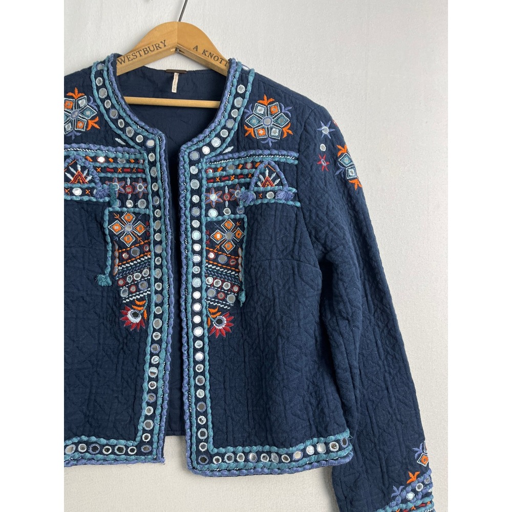 Temperance Navy Blue Embroidered Mirror Work Quilted Boho Jacket L - Picture 6 of 12